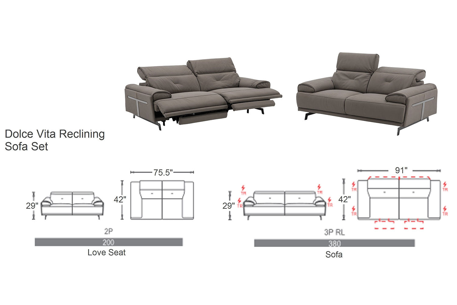 J and M Furniture Couches & Sofa Dolce Vita Leather Power Reclining Loveseat in Milk Tea