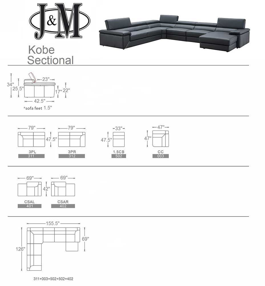 J and M Furniture Couches & Sofa Kobe Premium Leather Sectional | Italian Leather Sofa