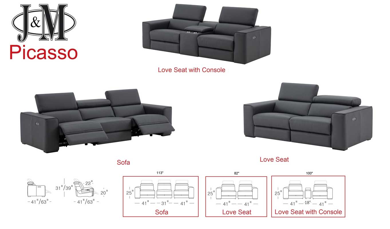 J and M Furniture Couches & Sofa Picasso Leather Power Reclining Loveseat with Dual Motor & USB