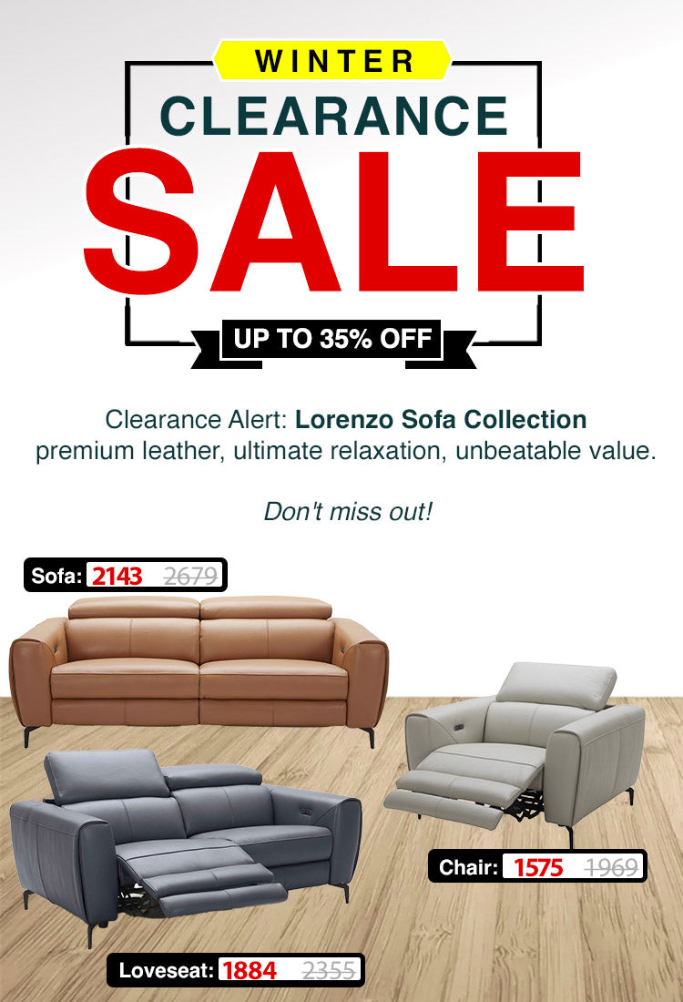 winter clearance sale! up to 35% off. our clearance selection includes the elegant lorenzo sofa collection. crafted with premium leather and designed for ultimate relaxation. dont miss this change to own luxury furniture at an incredible value